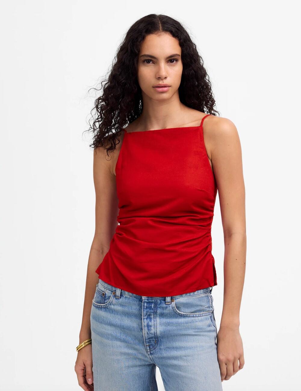 Madewell Ruched Squareneck Tank Top Linen Cotton Festival Red US 00 NWT